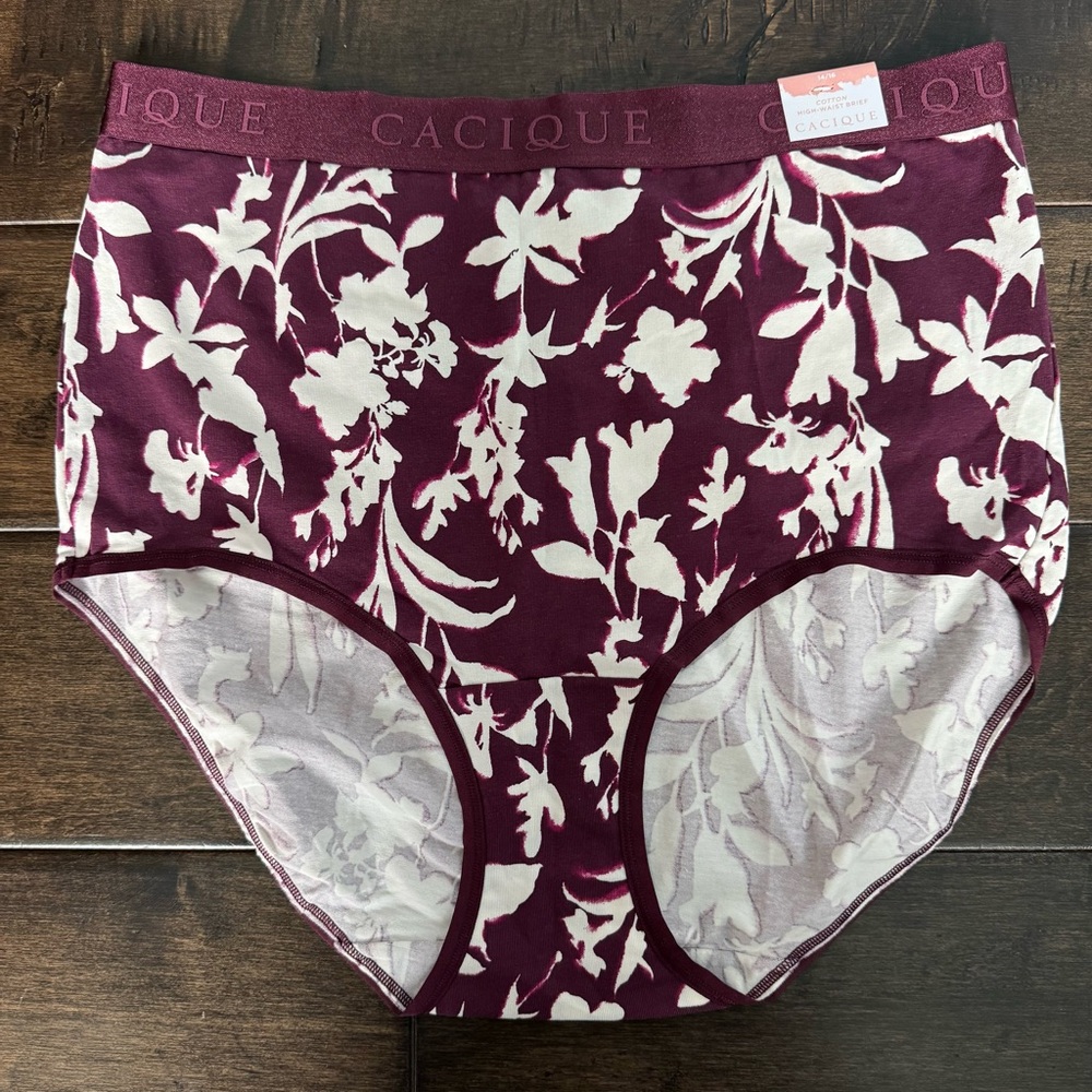 💜3/$15 Lane Bryant Cacique Cotton High-Waist Brief Panty Maroon Floral NWT